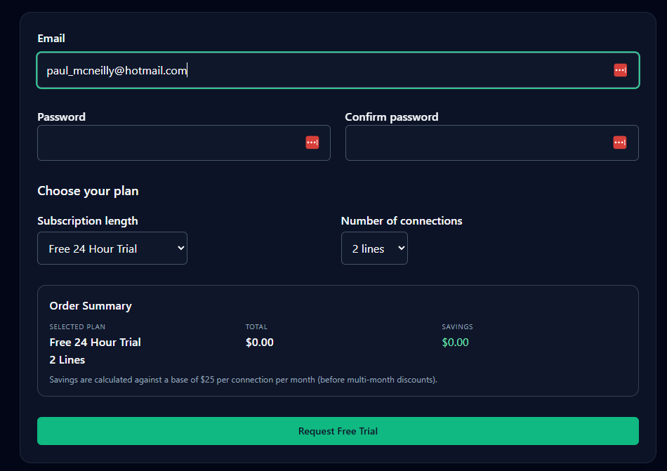 Signup form showing a Free 24 Hour Trial selection, account fields, connection count, order summary, and Request Free Trial button